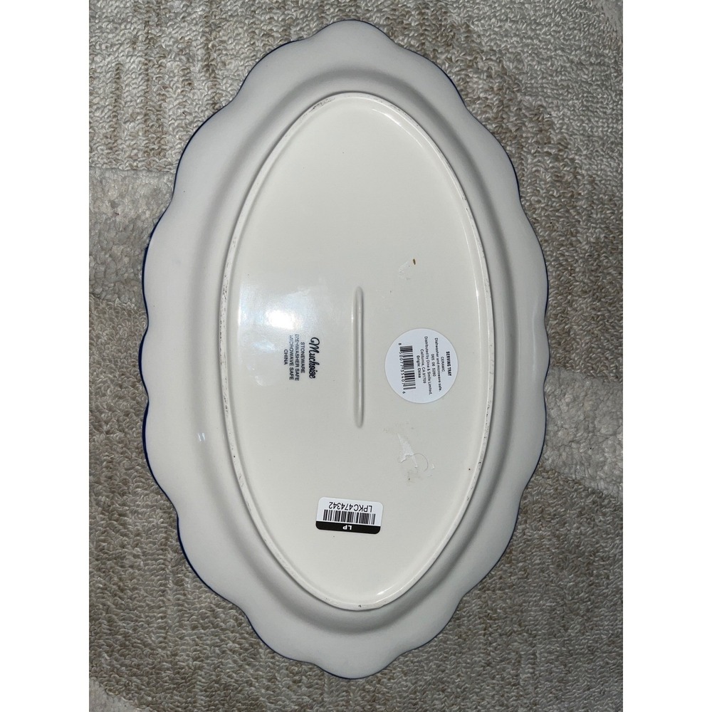 Muchoise Lemon Stoneware Serving Tray Scalloped Oval Platter Blue White Citrus - Picture 4 of 4